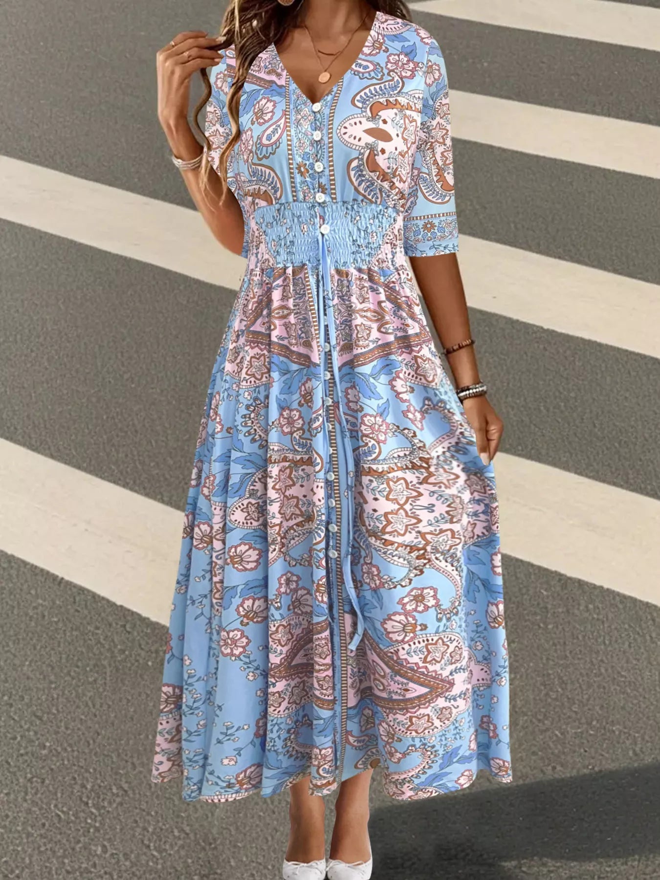 Smocked Printed Half Sleeve Dress 