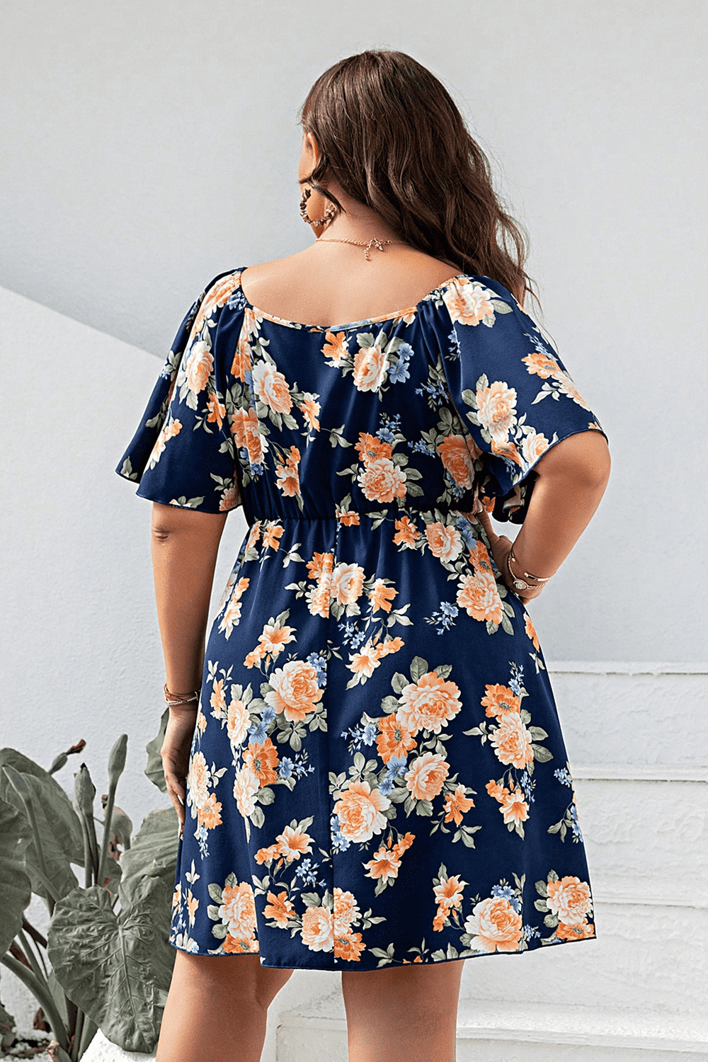 Plus Size Floral Print V-Neck Flutter Sleeve Mini Dress 