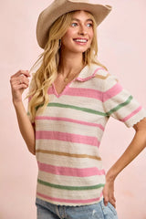 BiBi Multi Colors Stripes Collared Knit Top 