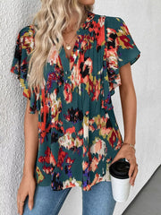 Abstract Print Ruffle Sleeve Blouse 
