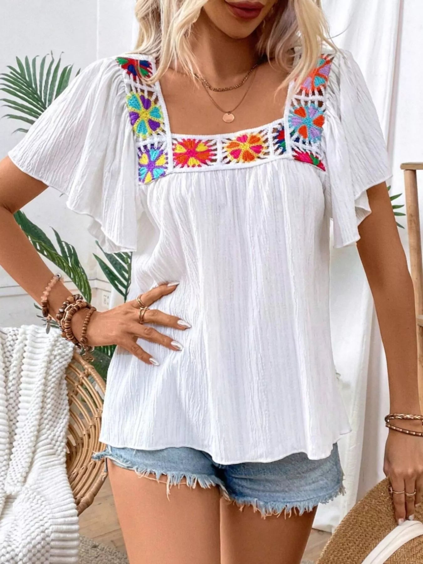 Embroidered Square Neck Flutter Sleeve Blouse 