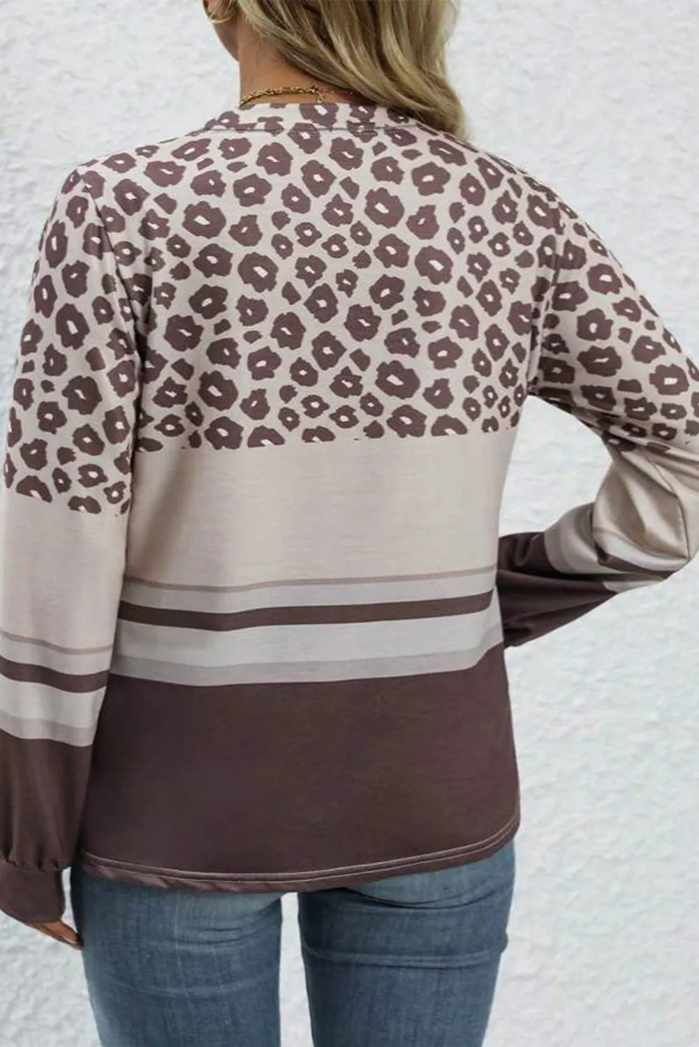 Plus Size Leopard Round Neck Long Sleeve Top 