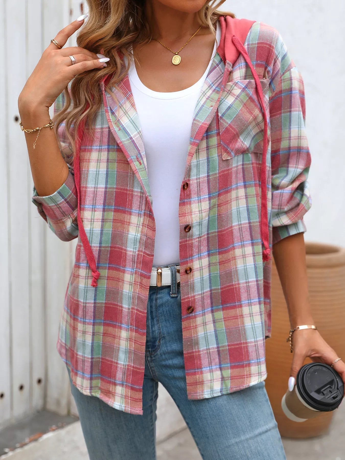 Plaid Button-Up Hooded Shirt with Chest Pocket 