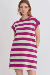 Stripe Cap Sleeve Pocketed Shift Tee Dress 