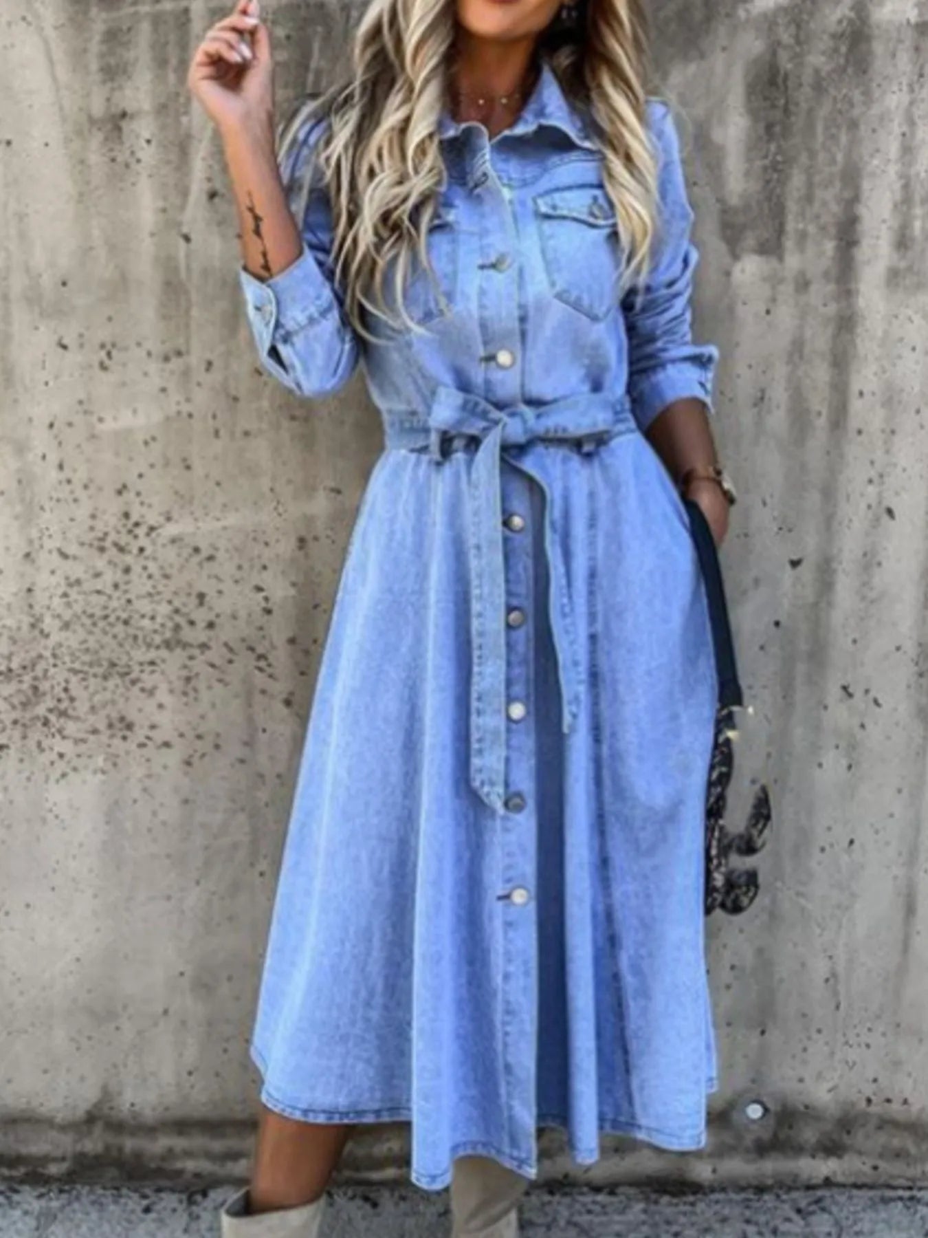 Full Size Tie Waist Button Front Denim Shirt Dress Plus Size 