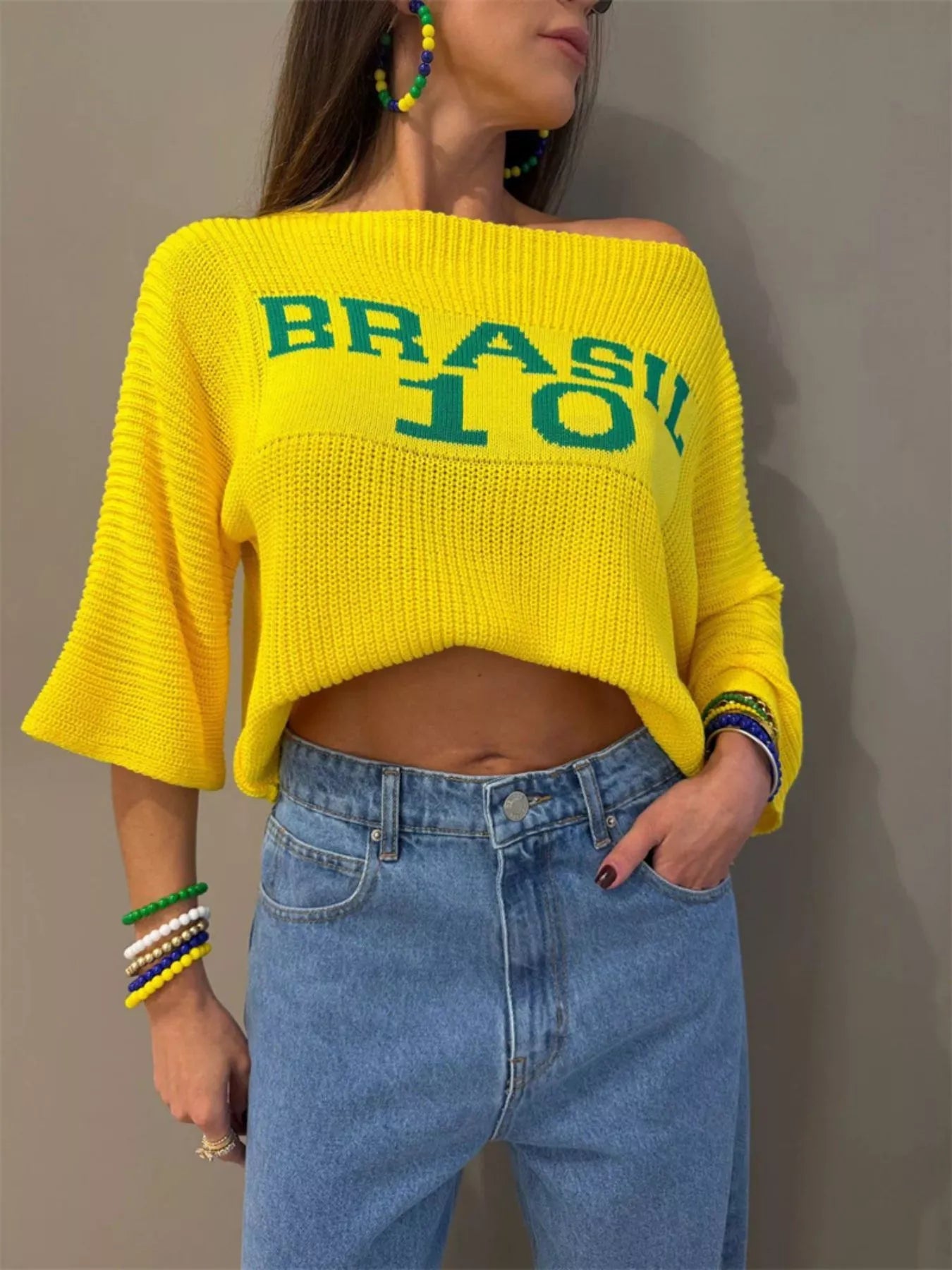 Brasil Letter Boat Neck Sweater 