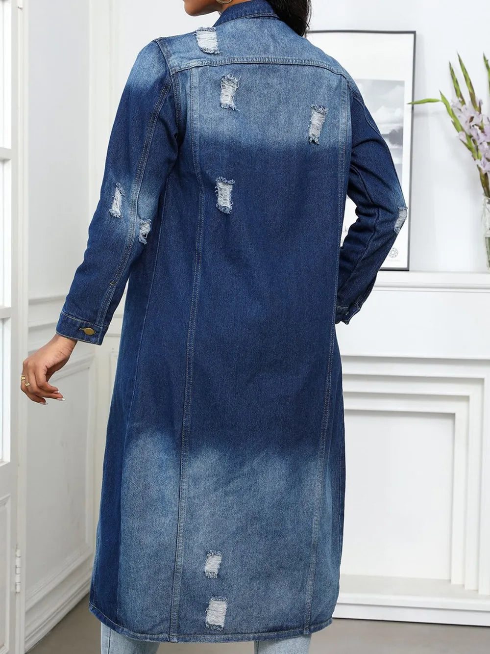 Distressed Button Up Collared Neck Denim Top 