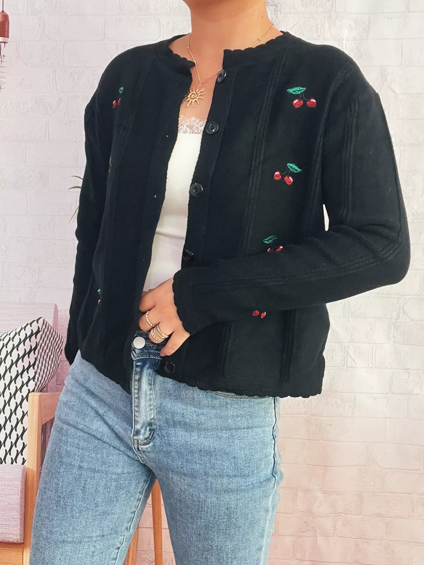 Cherry Embroidered Button Up Cardigan 