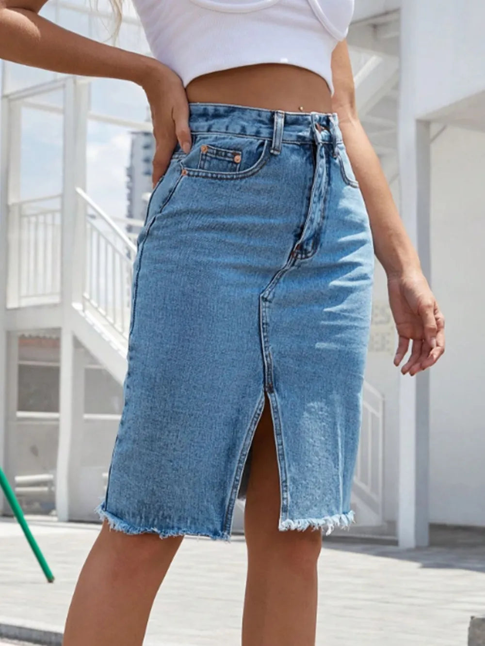 Raw Hem Slit Denim Skirt 