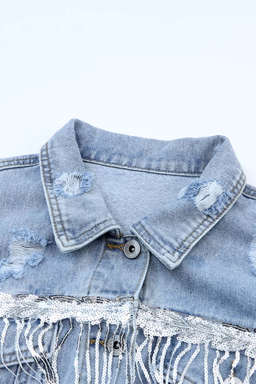 Fringed Sequin Embellished Denim Jacket 
