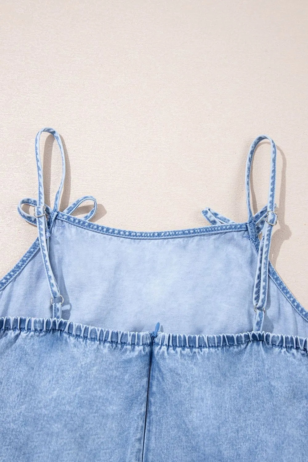 Bow Detail Spaghetti Straps Ruffle Hem Denim Dress 