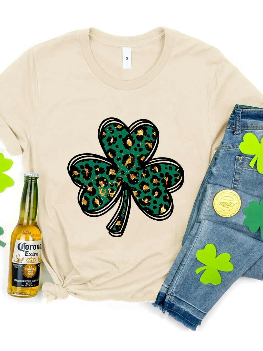 Lucky Clover Round Neck Short Sleeve T-Shirt 
