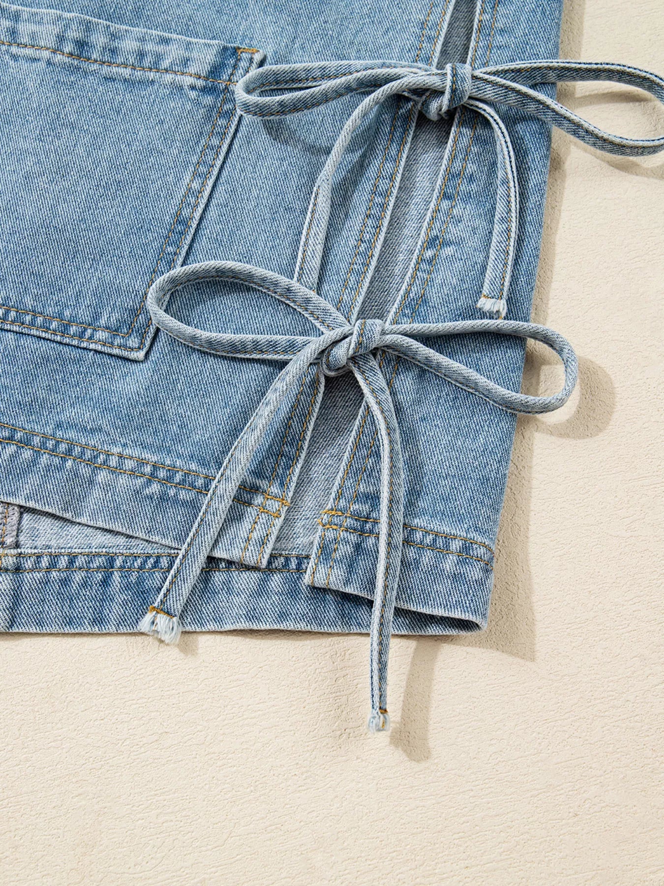 Patched Pockets Side Tie Denim Jacket 