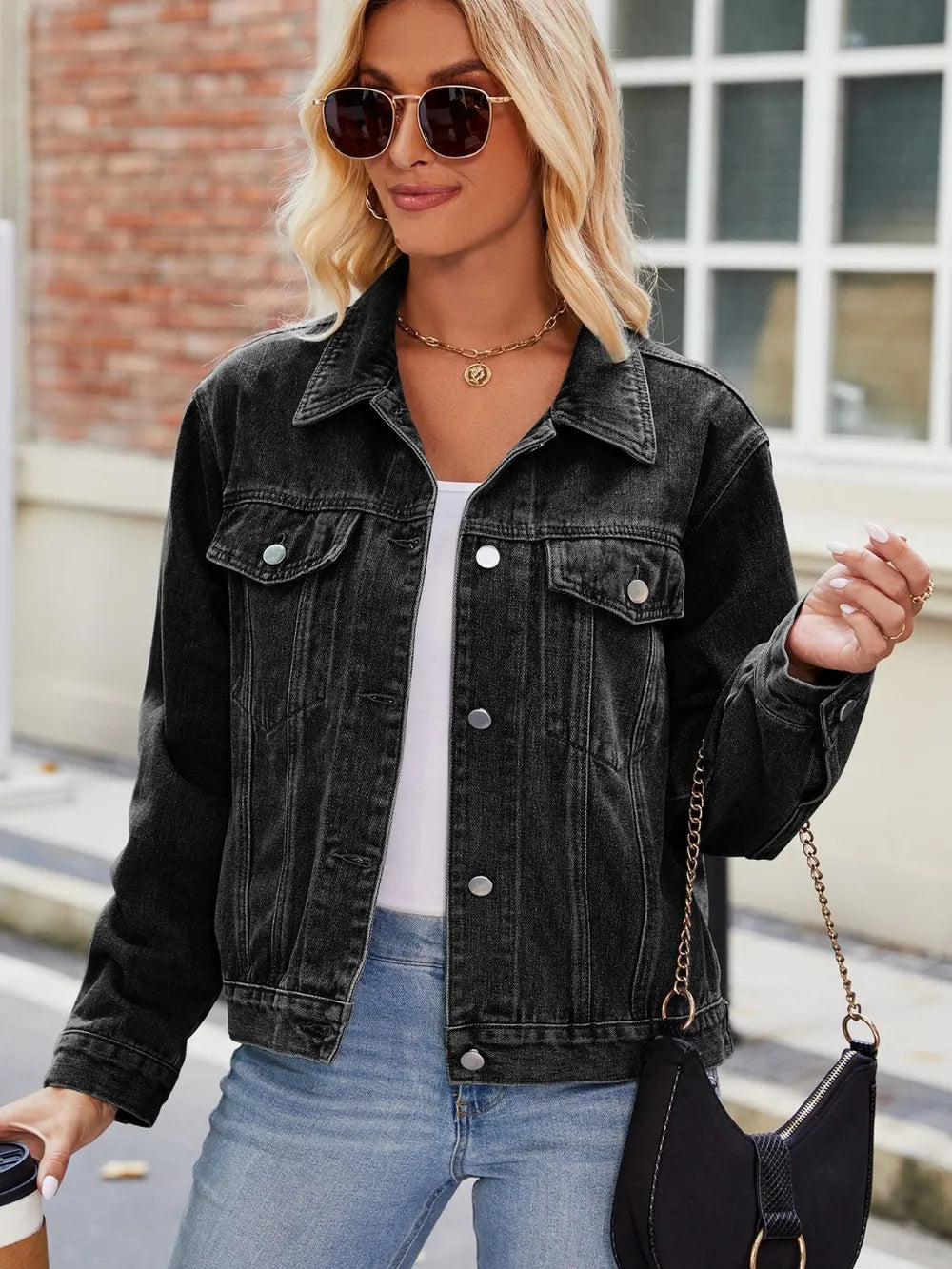 Pocketed Collared Neck Denim Jacket 