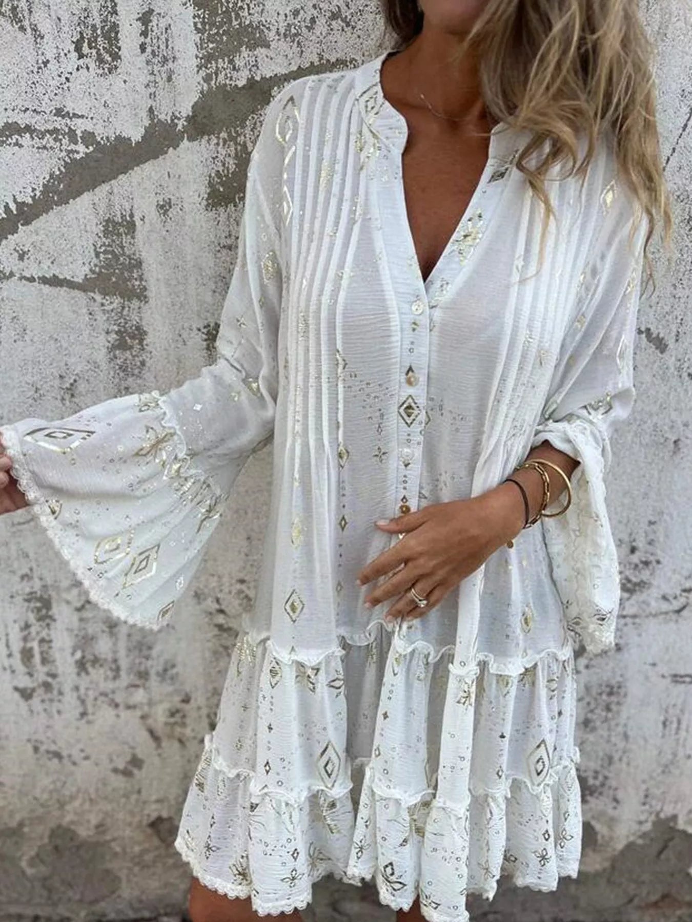 Full Size Printed Notched Flare Sleeve Dress Plus Size 