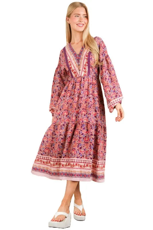 VERY J Floral Printed Boho V-Neck Balloon Sleeve Dress 