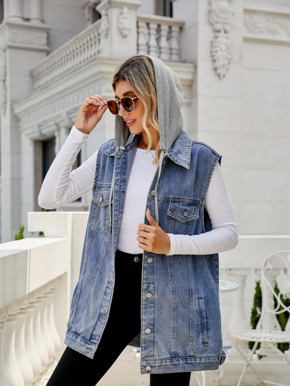 Drawstring Pocketed Button Up Sleeveless Denim Jacket 