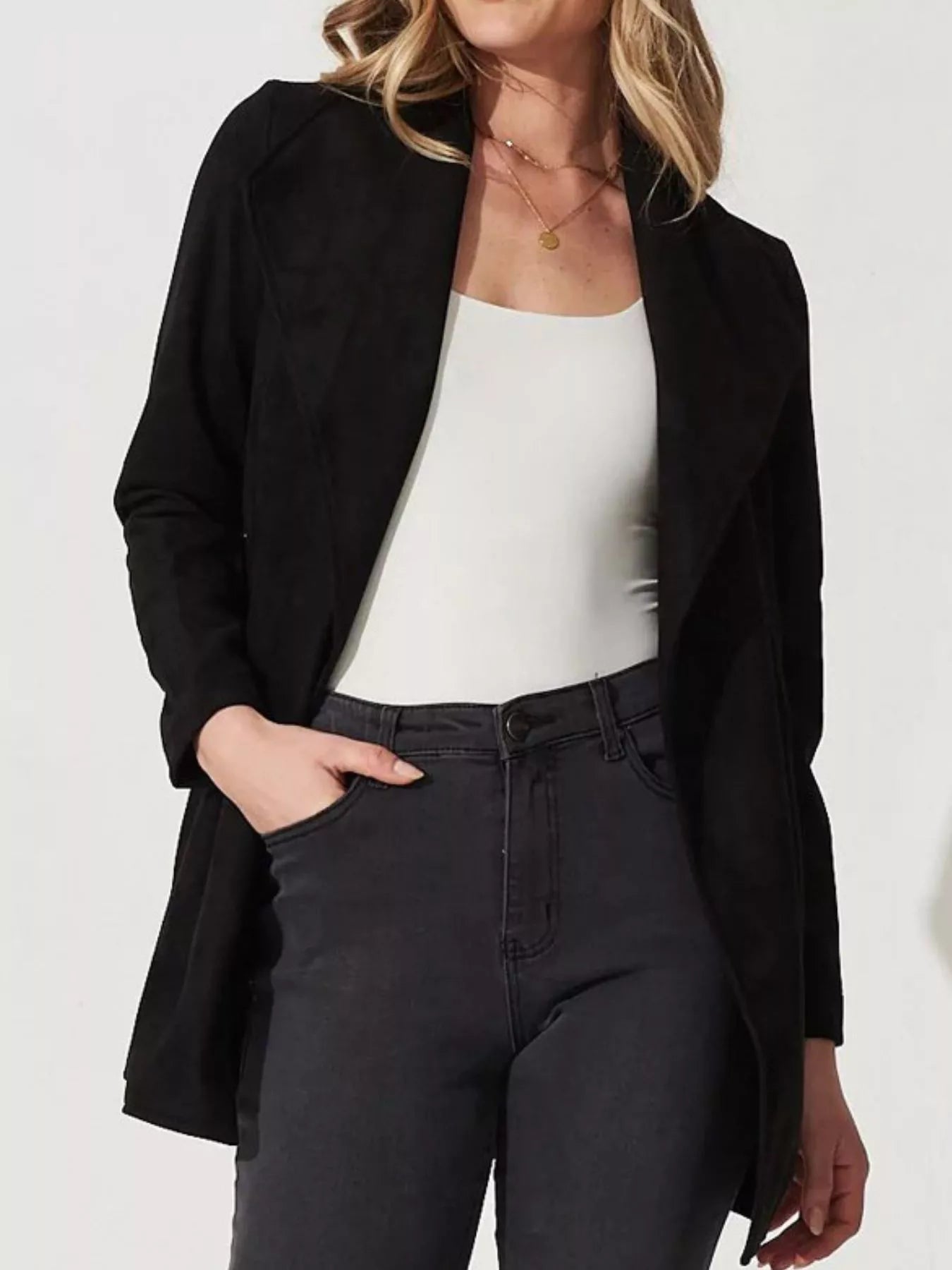 Suede Tie Waist Long Sleeve Outerwear 