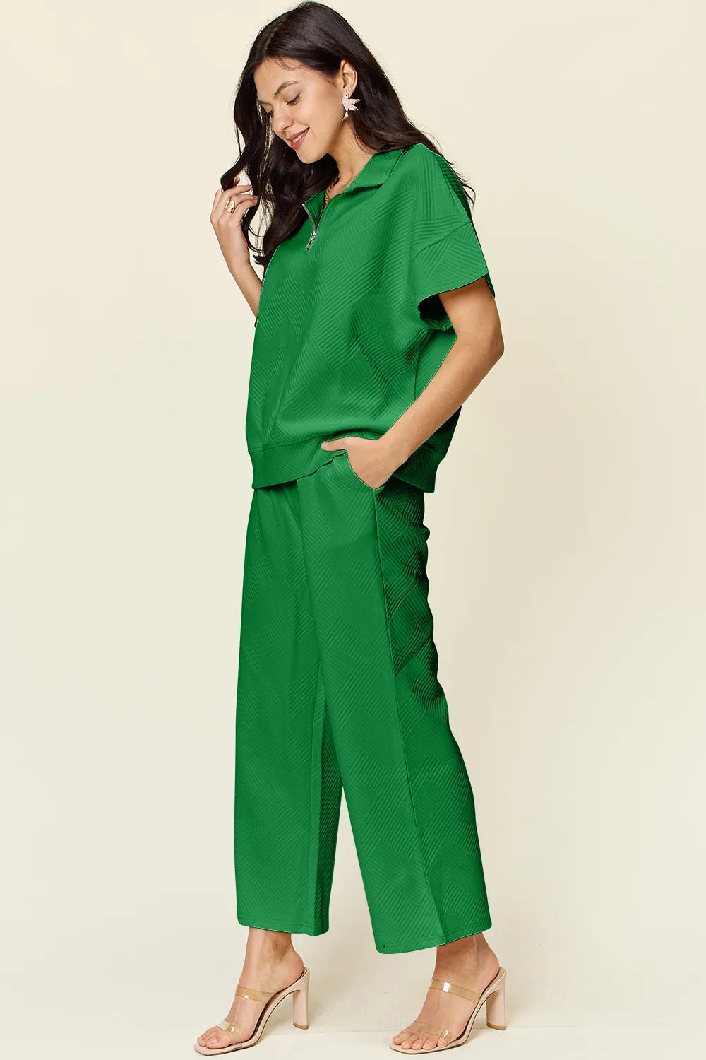 Double Take Full Size Texture Half Zip Short Sleeve Top and Pants Set 