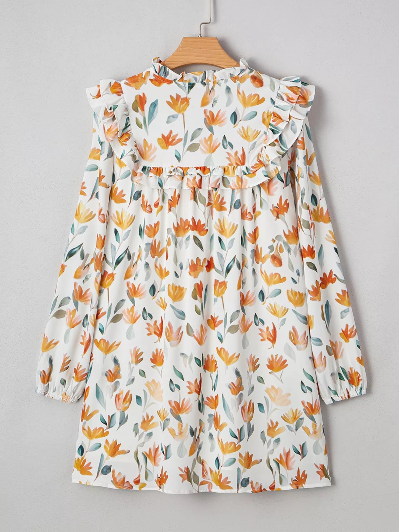 Floral Print Tie Neck Frilled Detail Long Sleeve Mini Dress 