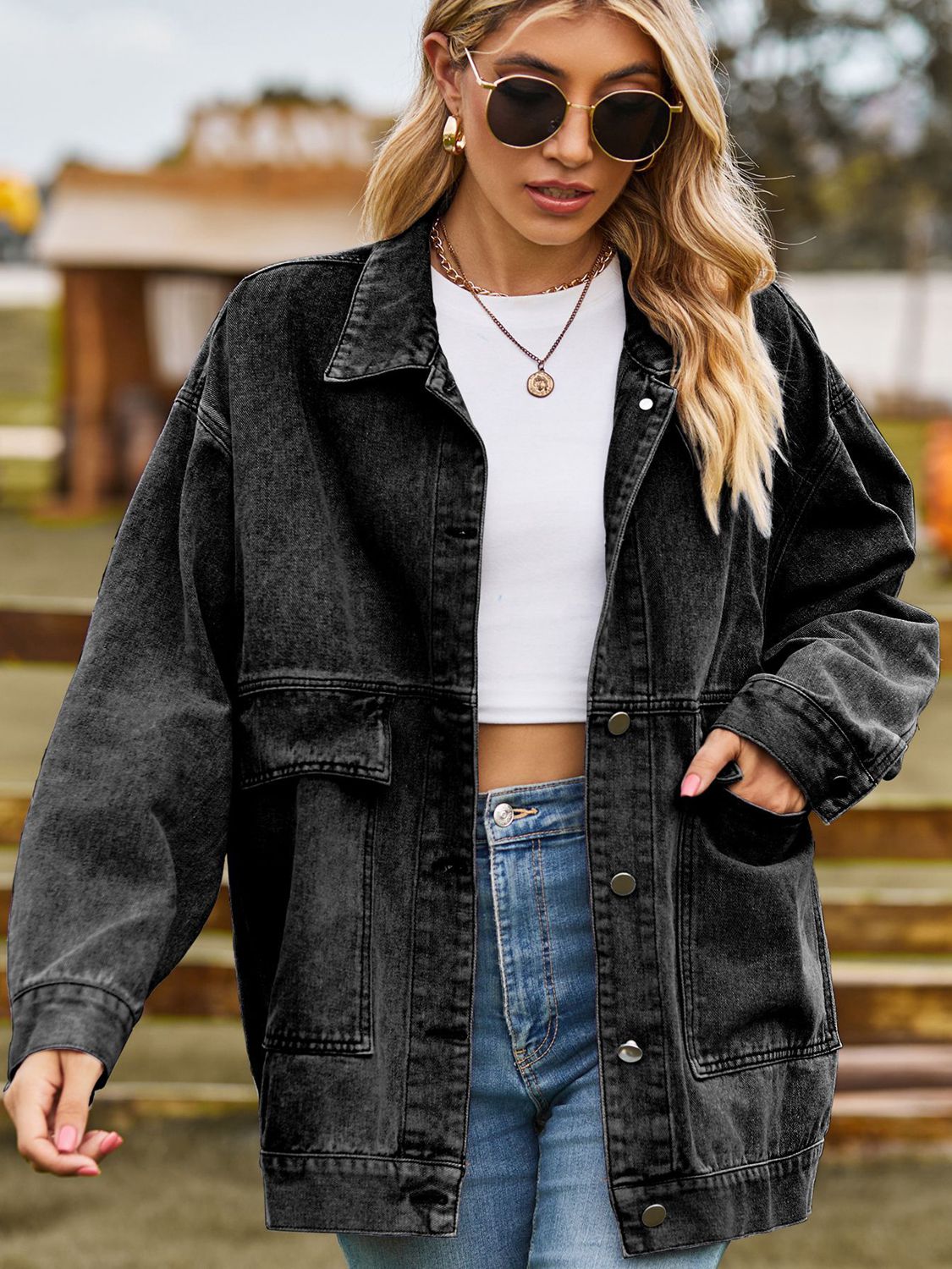 Dropped Shoulder Denim Jacket with Pockets 