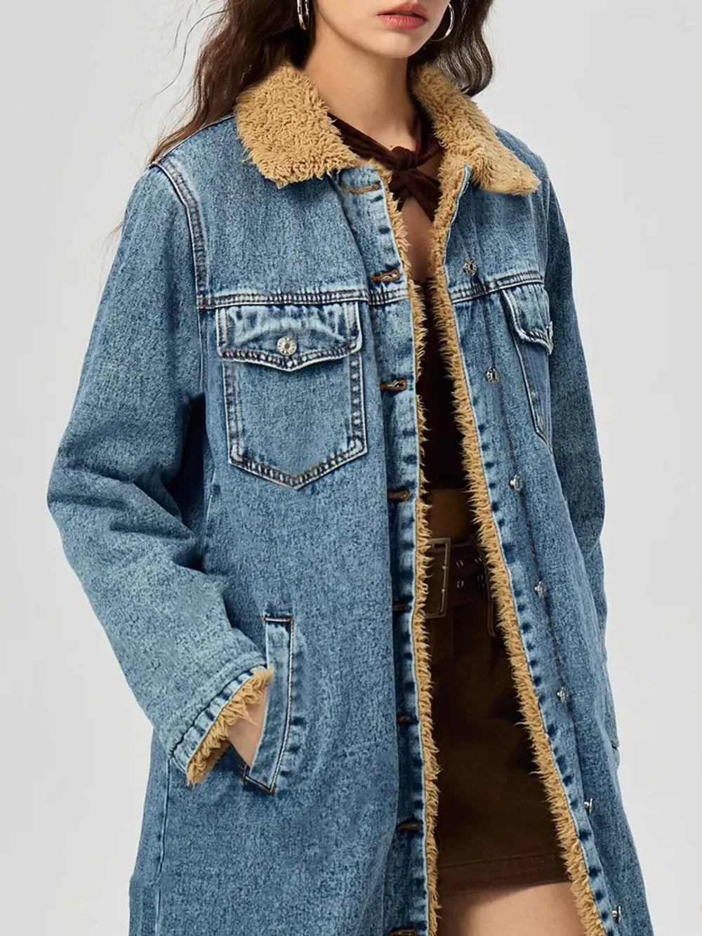 Pocketed Button Up Denim Jacket with Fur Lining 