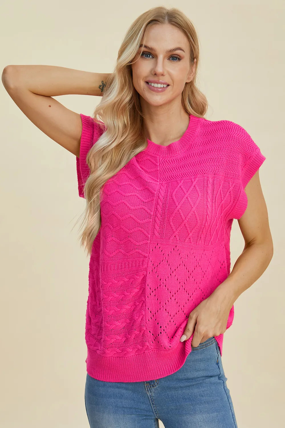 Double Take Full Size Cable-Knit Round Neck Cap Sleeve Sweater 