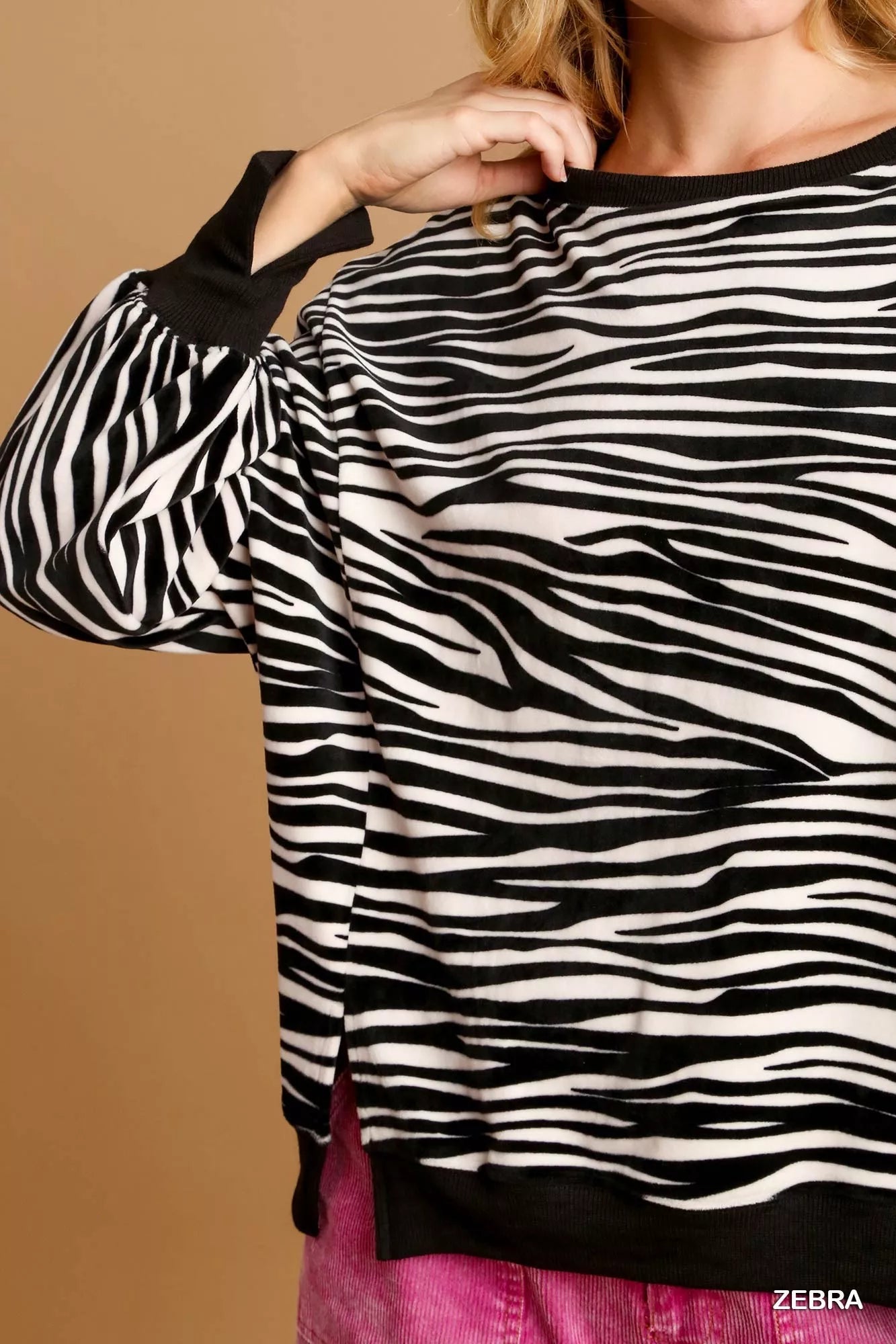 Umgee Zebra Striped Fleece Pullover Sweater Shirt 