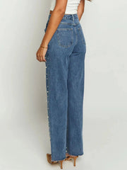 Pearl Embellished High Waist Straight Leg Jeans 