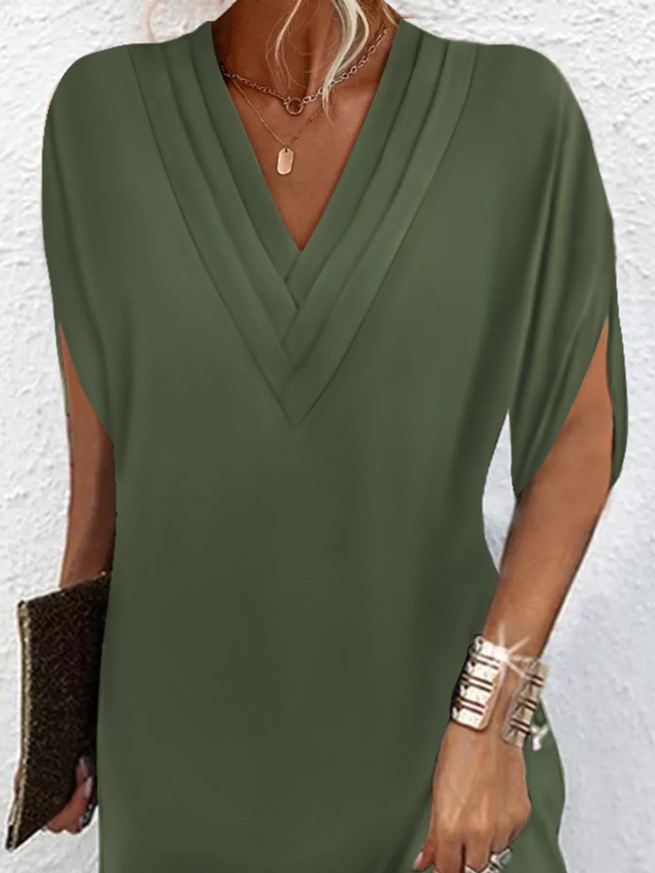 Full Size V-Neck Slit Sleeve Mini Dress Plus Size 
