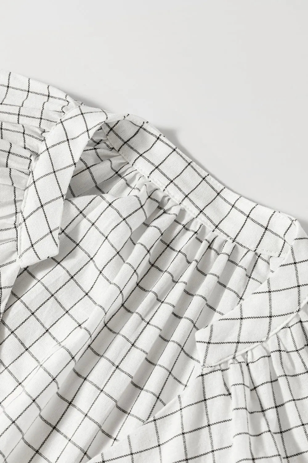 Frill Plaid Notched Balloon Sleeve Mini Dress 