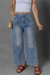 High-Waist Wide Leg Pleated Denim Jeans 