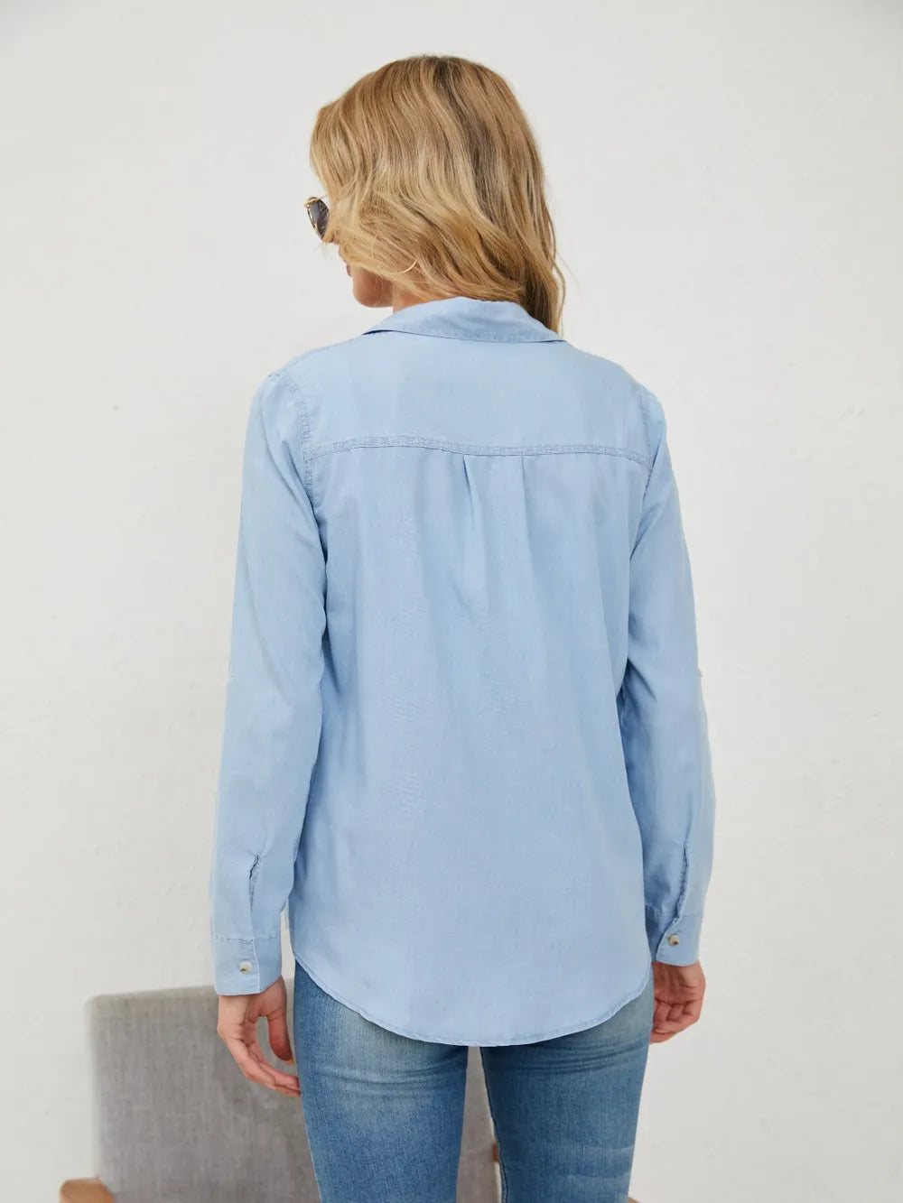 Pocketed Button Up Long Sleeve Denim Shirt 