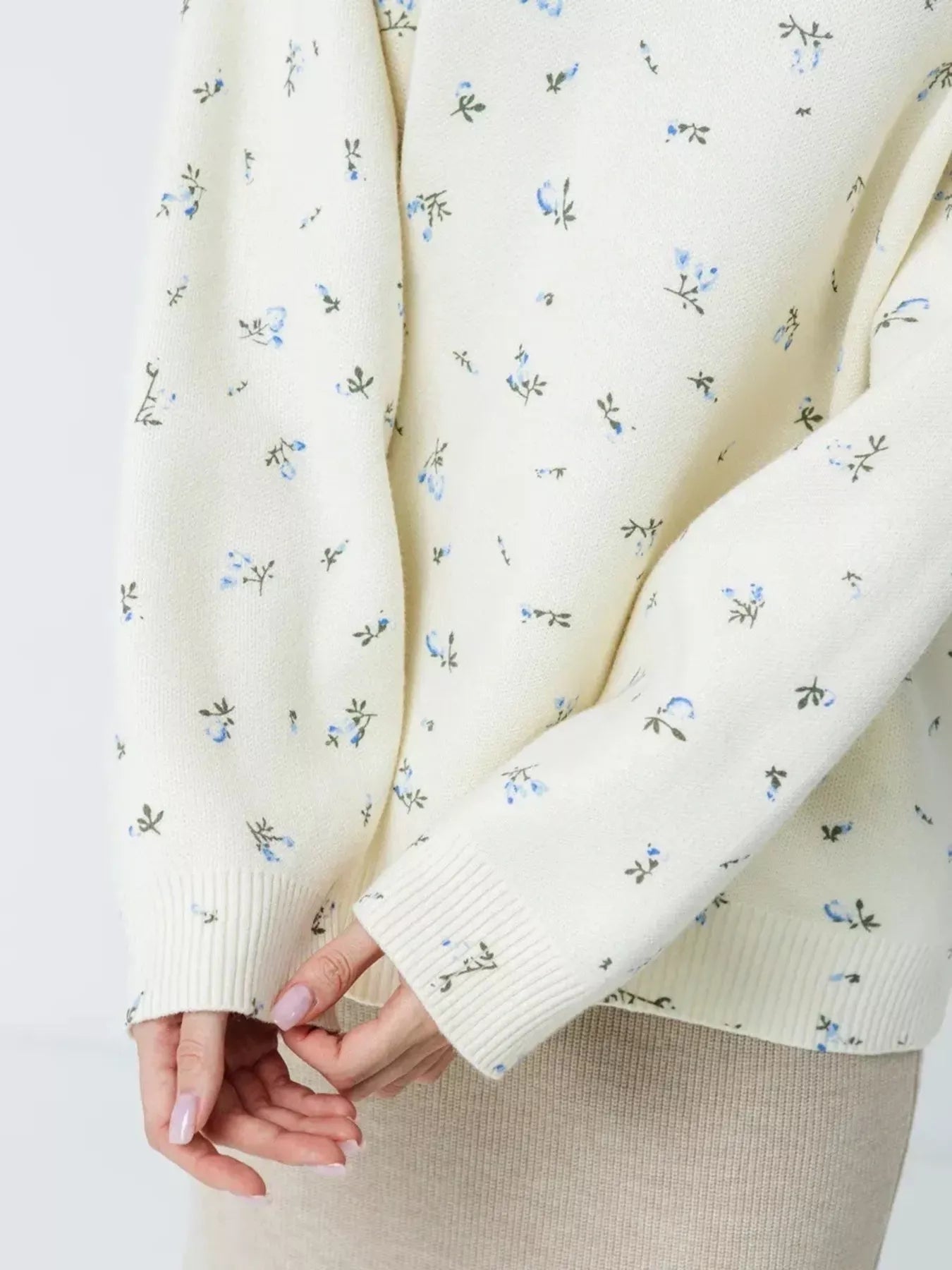 Ribbed Hem Floral Long Sleeve Sweater 