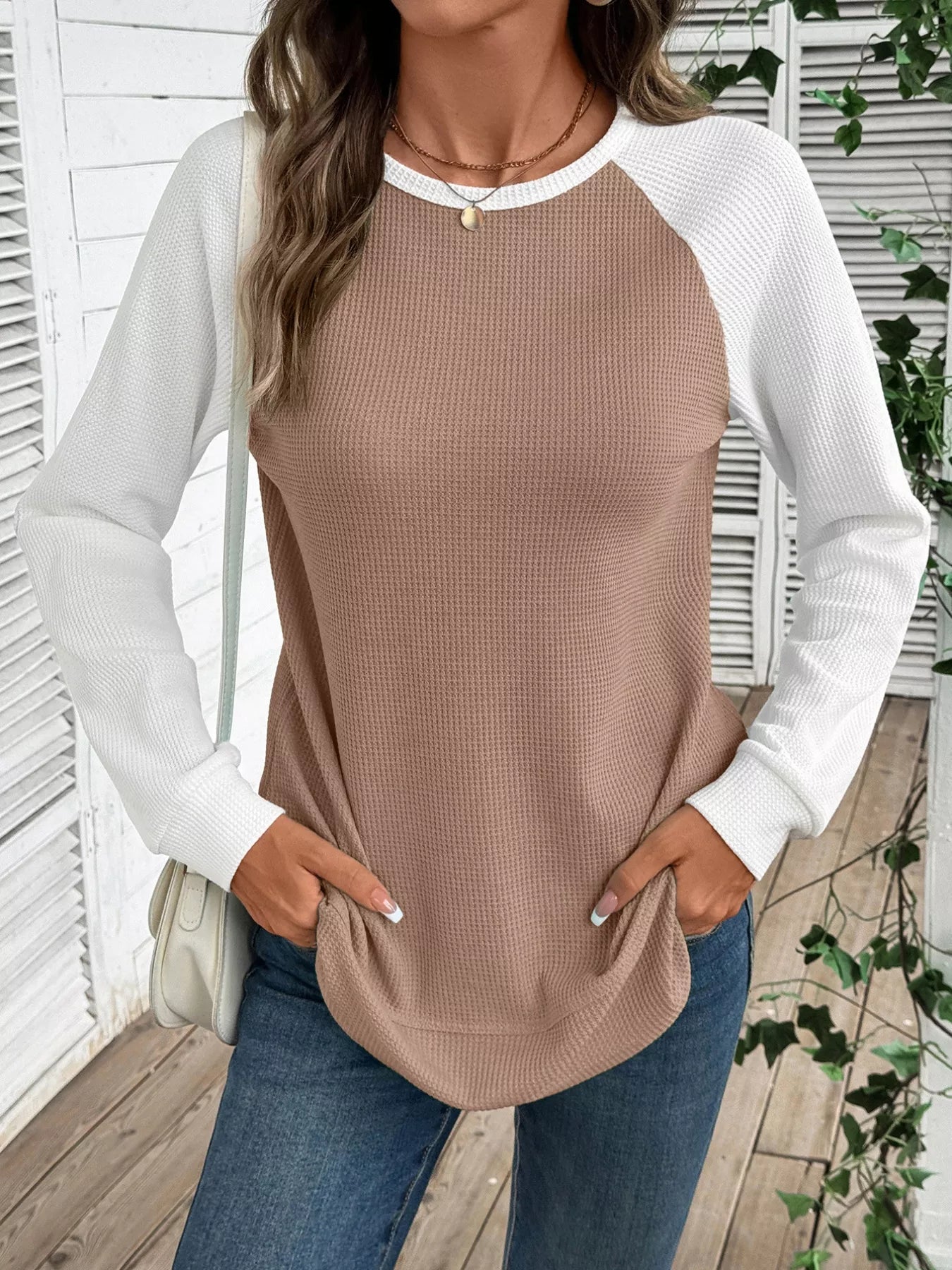 Contrast Raglan Sleeve Waffle Knit T-Shirt 