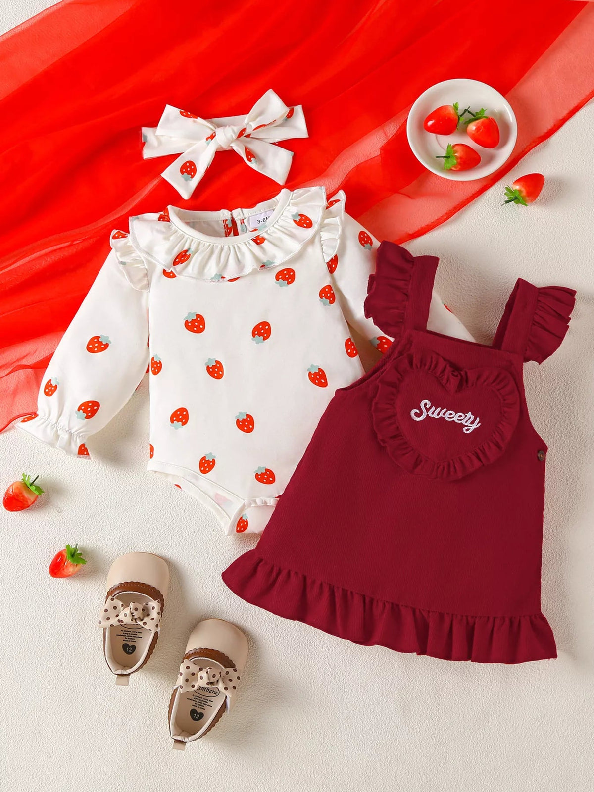 Children's Ruffled Bodysuit and Heart Decor Dress Set with Headband 