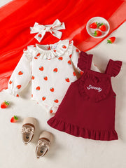 Children's Ruffled Bodysuit and Heart Decor Dress Set with Headband 