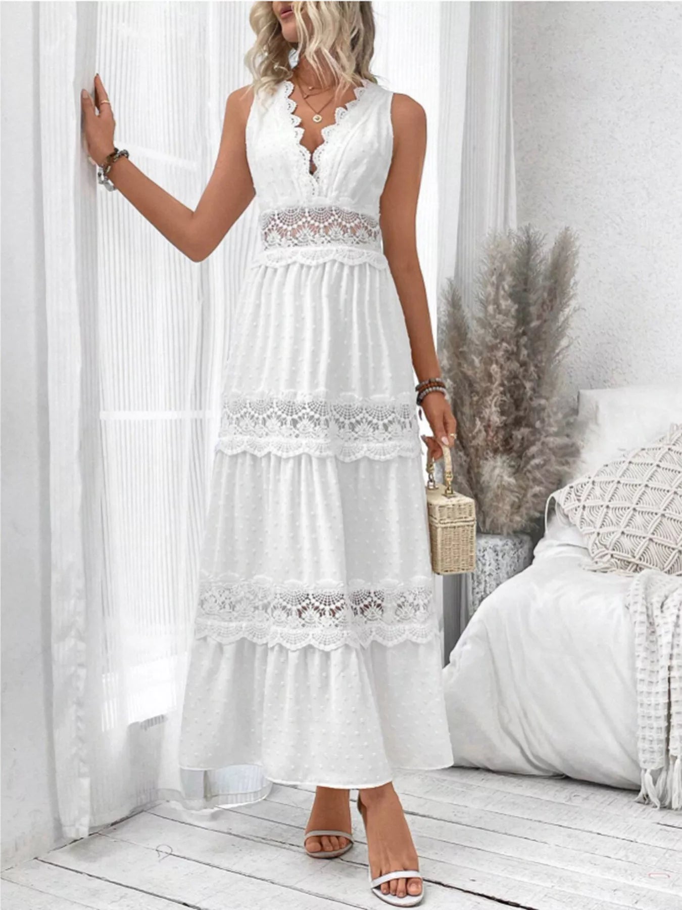Full Size Lace Detail Tie Back Sleeveless Tiered Dress Plus Size 