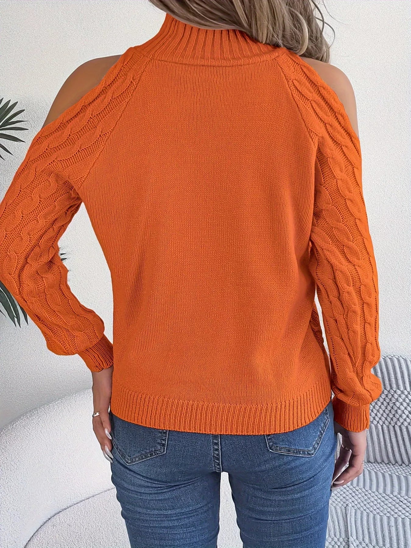 Cable Knit Cold Shoulder Turtleneck Sweater 