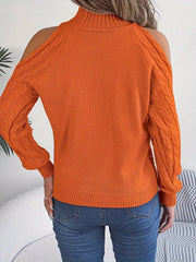 Cable Knit Cold Shoulder Turtleneck Sweater 