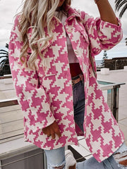 Houndstooth Button Up Long Sleeve Outerwear 