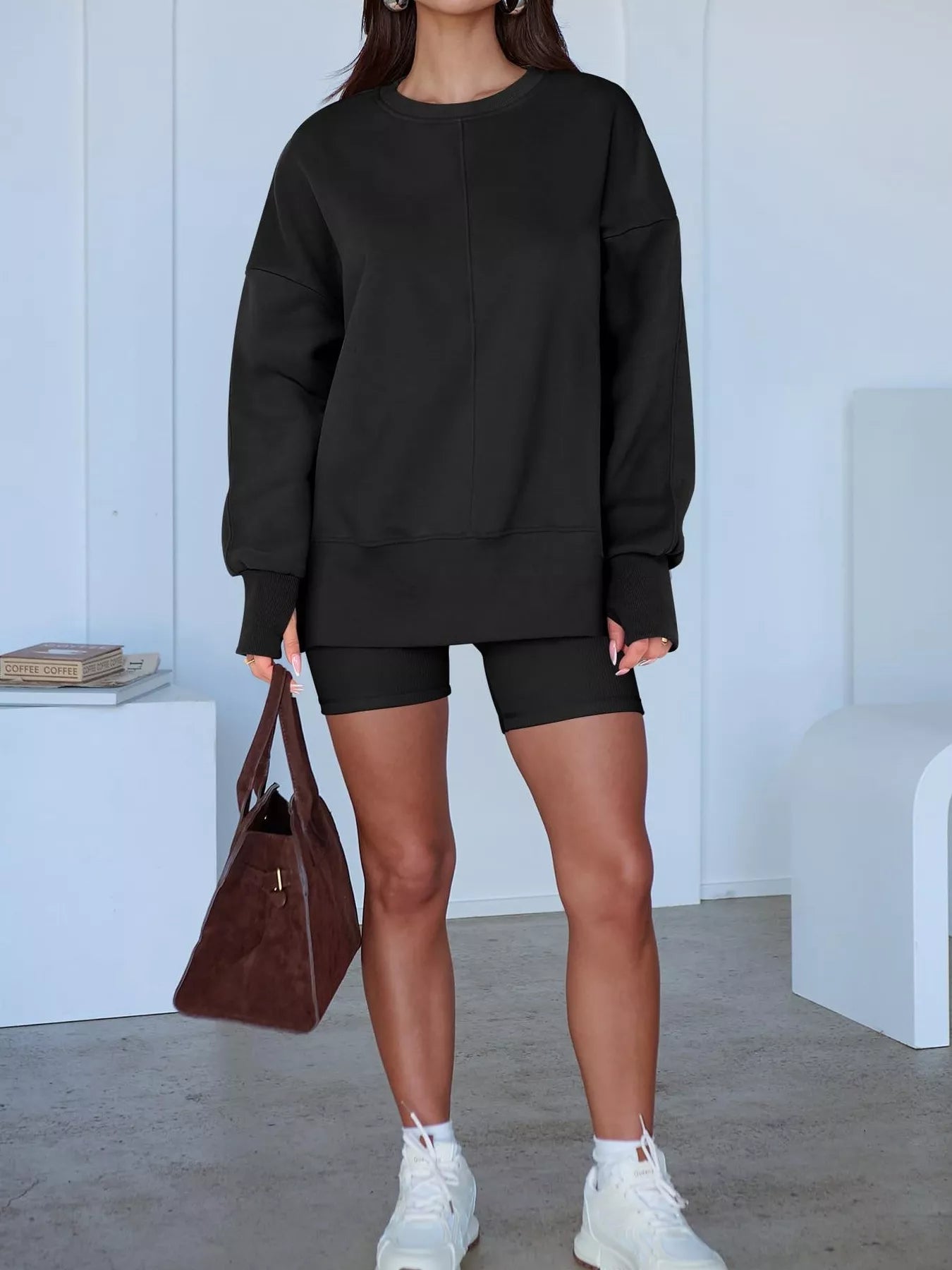 Side Slit Round Neck Long Sleeve Sweatshirt 