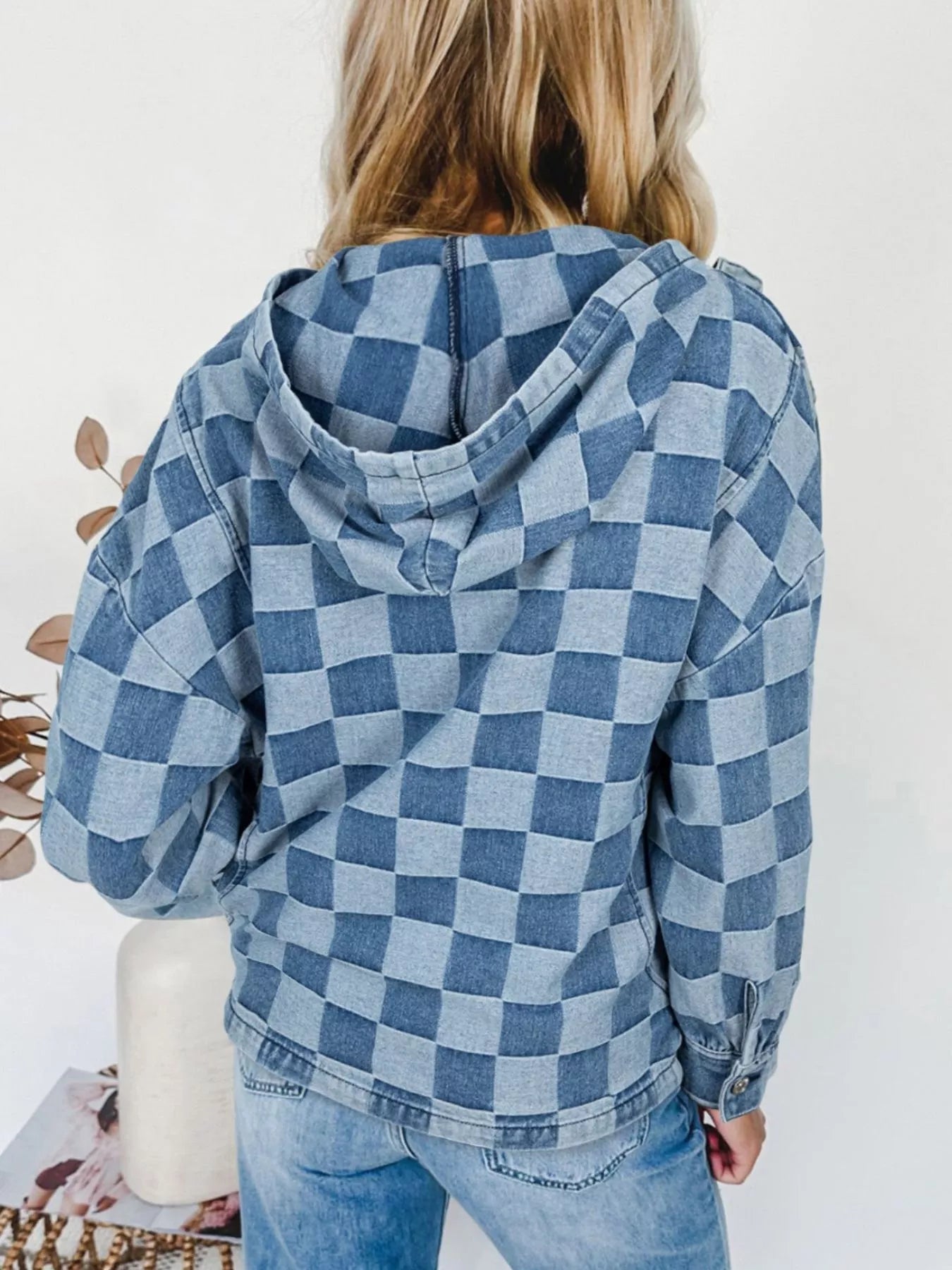 Checkered Half Zip Denim Hoodie Top 