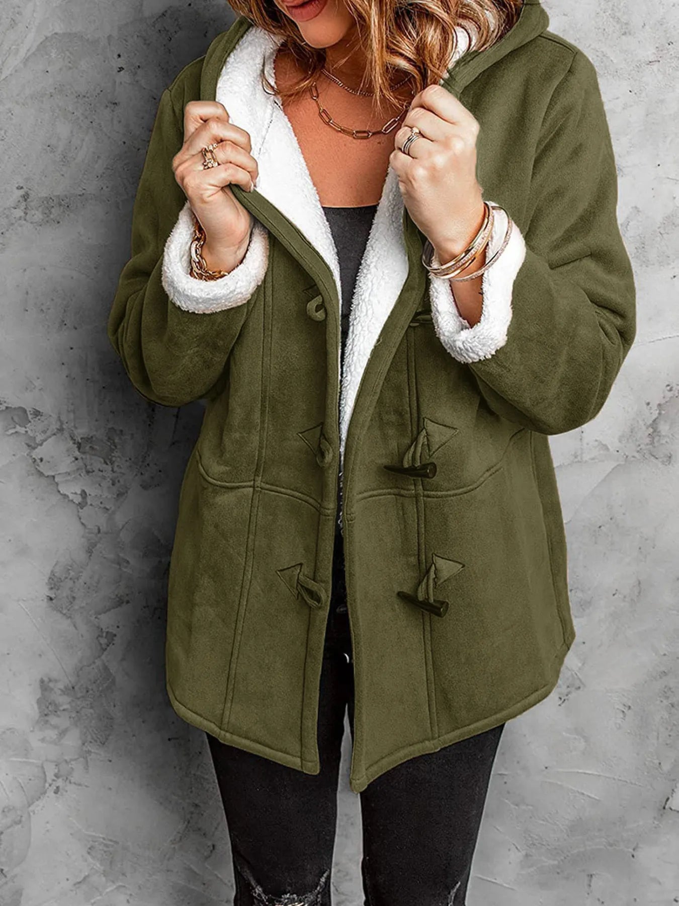Full Size Cozy Sherpa Lined Toggle Coat with Hood Plus Size 