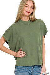 Zenana Viscose Mock Neck Short Sleeve Boxy Sweater 