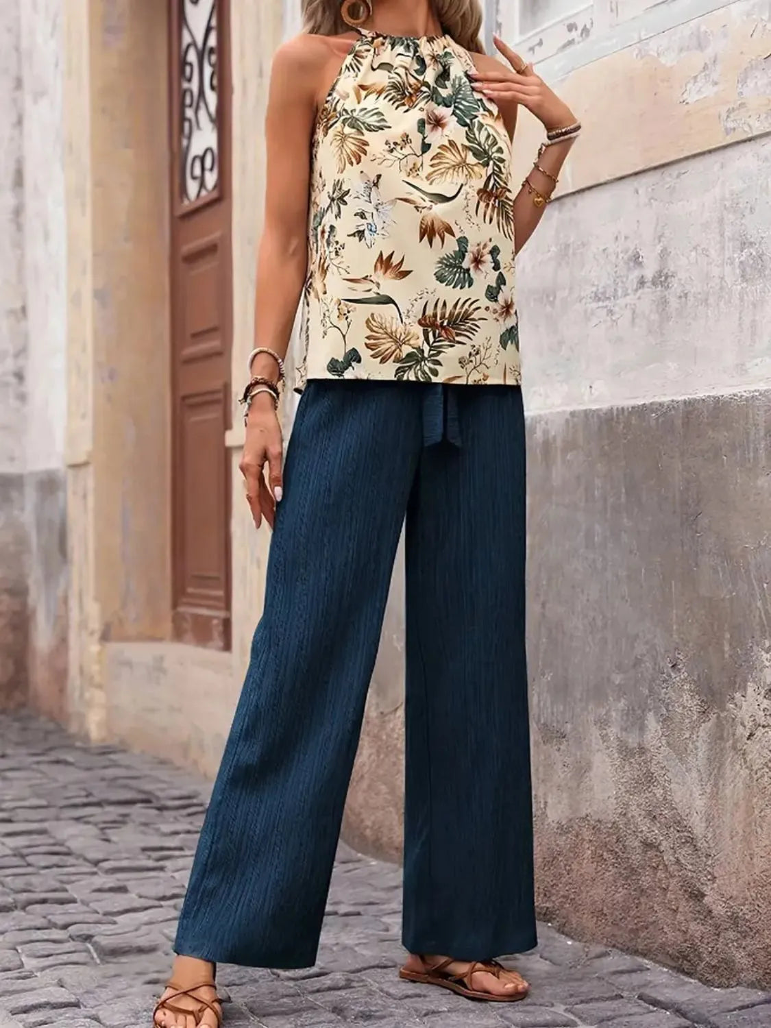 Printed Tank Top and Wide Leg Pants Set 