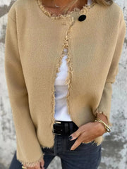 Full Size One Button Frayed Edge Cardigan Plus Size 