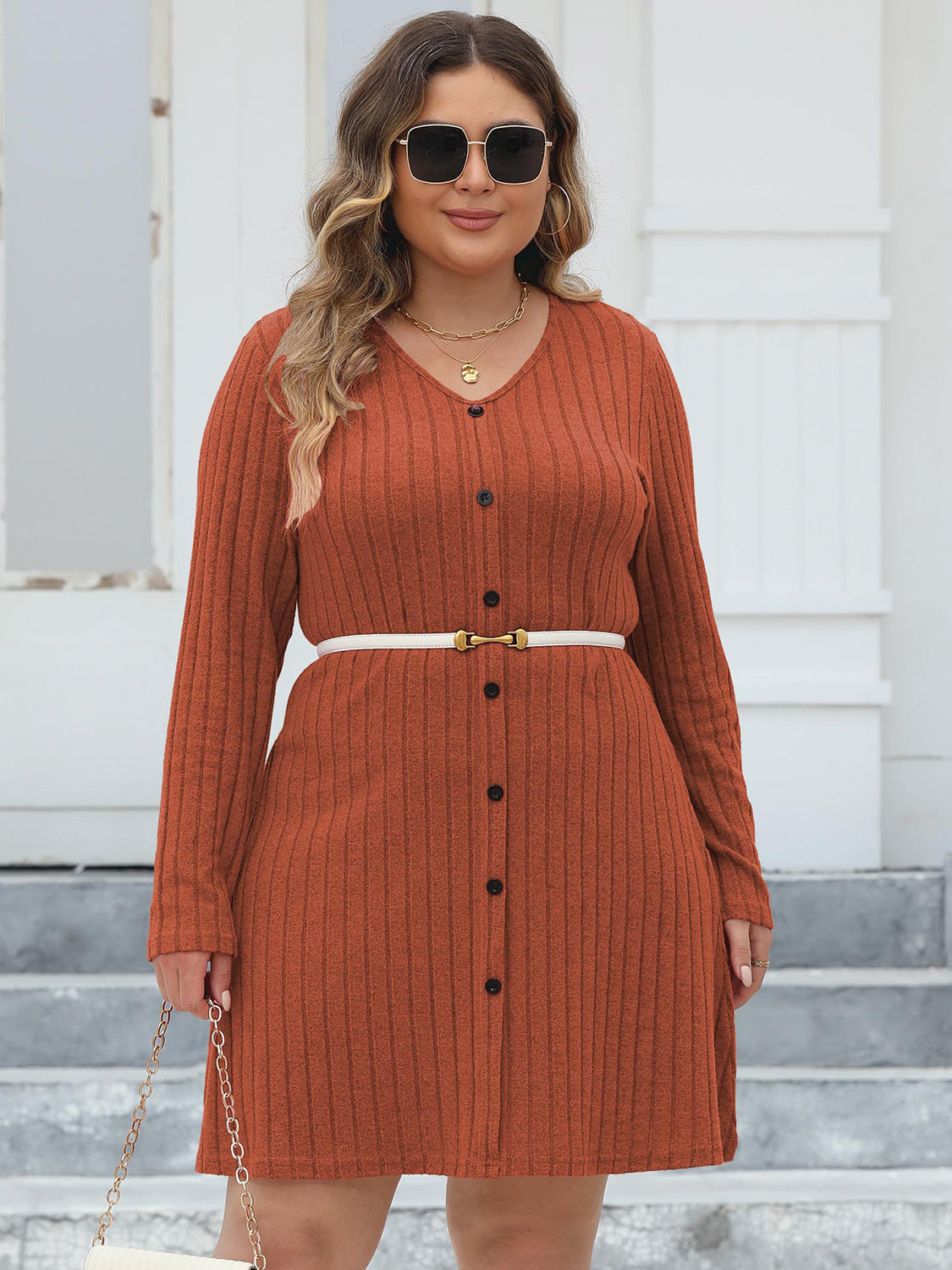 Plus Size Ribbed Buttoned V-Neck Long Sleeve Dress 