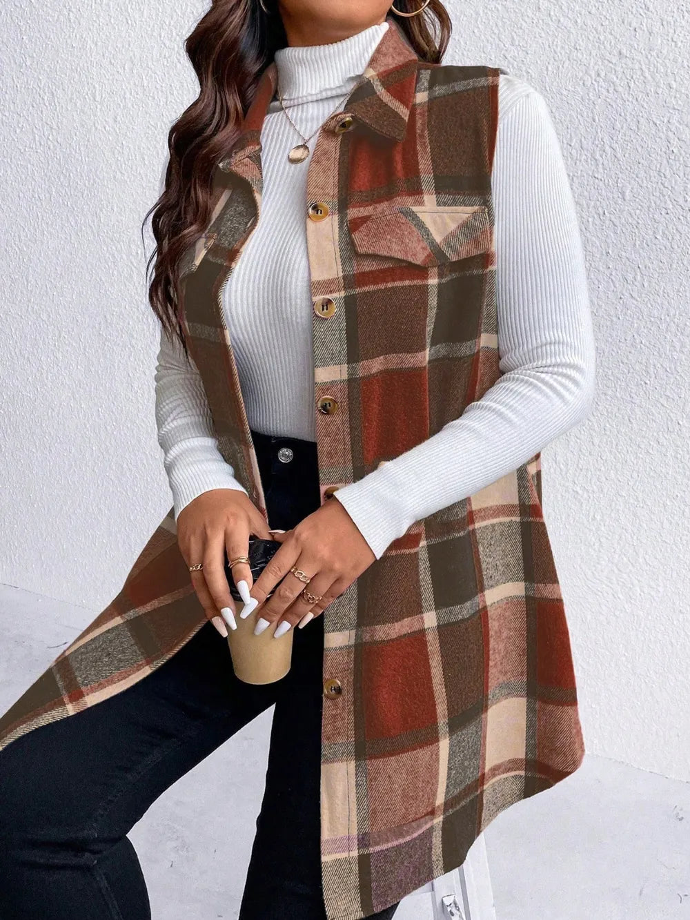 Honey Plus Size Pocketed Plaid Button Up Vest Coat 