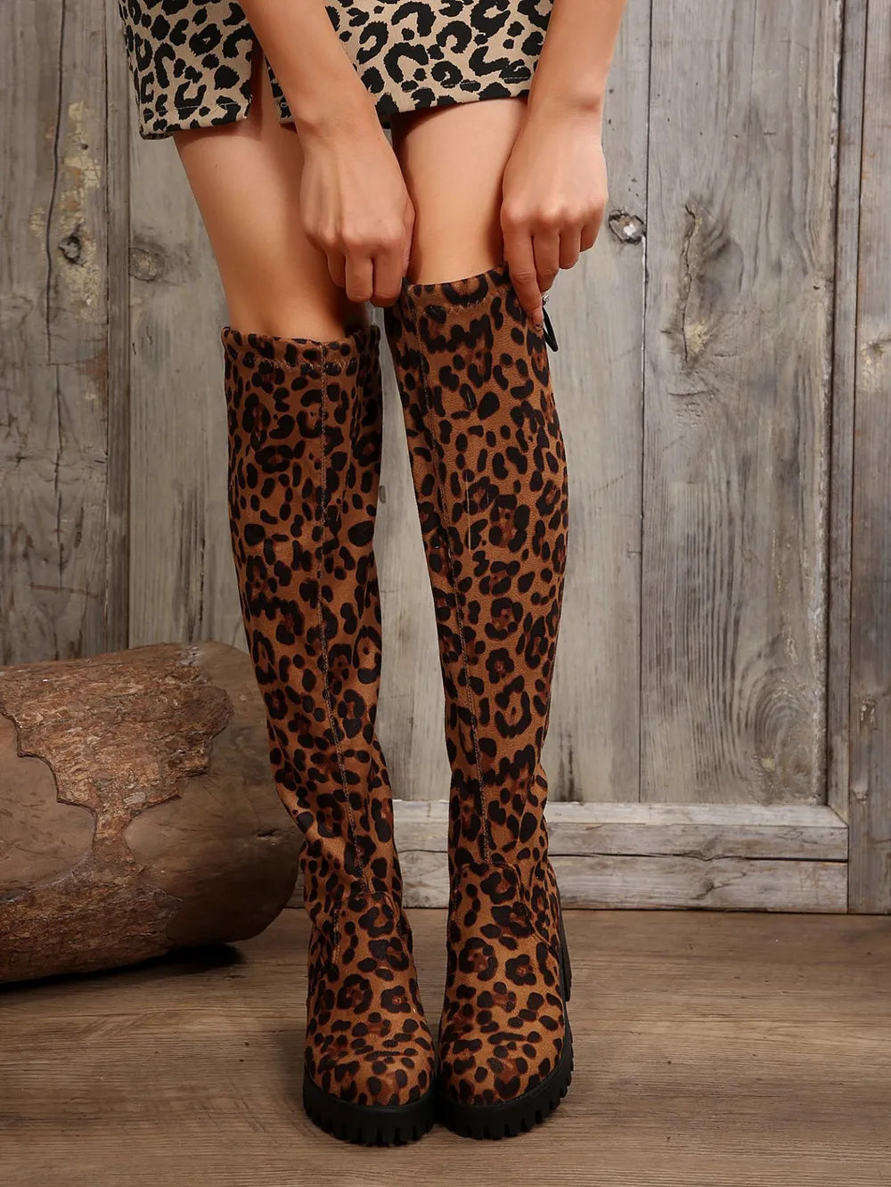 Leopard Round Toe Block Heel Boots 